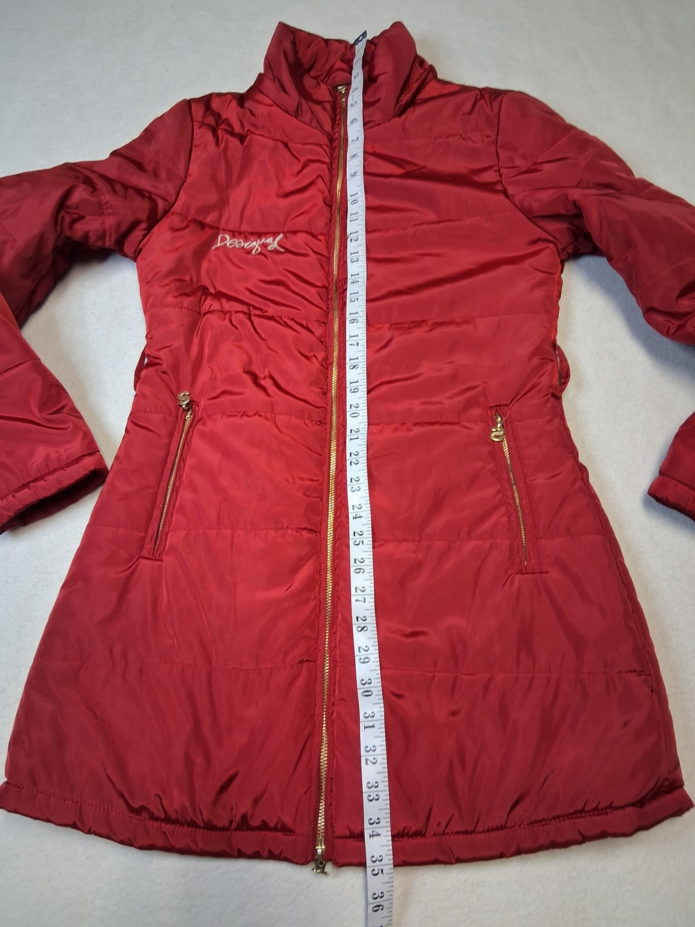 Desigual Red Quilted Long Puffer Coat with Gold Zippers - Picture 5 of 8